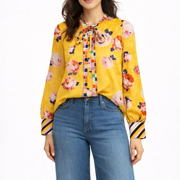 MSGM 100% Silk Yellow Floral Tie-Neck Blouse Size 40 Designer Italian - Picture 2 of 7